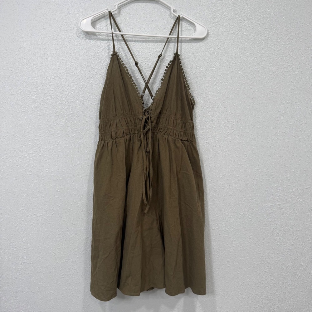 Boho Olive Brown Lace Up V-Neck Mini Dress Pom Pom Trim Smocked‎ Waist